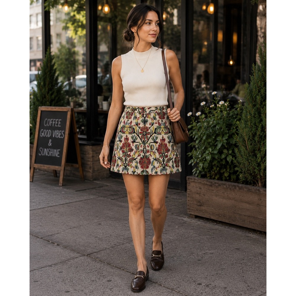 Zara Floral Tapestry Mini Skirt in Cream, Green, Red